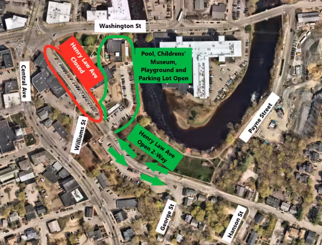 Overhead view of planned Henry Law construction showing colored outlines and comments.